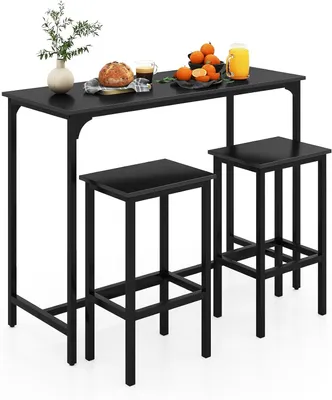 Produktbild von Bartisch-Set mit 2 Barhockern, Esstisch mit Stühlen, Stehtisch mit Metallgestell und Fußstütze, Küchentisch mit Küchenstühlen im Industriedesign, Essgruppe für die Küche (Schwarz)
