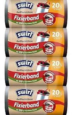 Produktbild von Swirl Reißfest & Dicht Fixierband Müllbeutel 20 l (4 x 15 Beutel), tropfsichere Müllsäcke für den Hausmüll, reißfeste Mülltüten für sicheren Halt am Mülleimer