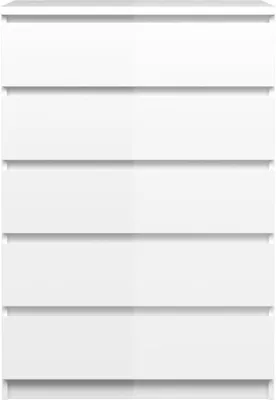 A front view of a white, high-gloss chest of drawers with five drawers.