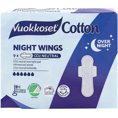 Produktbild von Vuokkoset Baumwolle Binden NIGHT WINGS 9 Stk. | Baumwolle, Max. Saugstärke 6/6, Verlängert, Hypoallergen, Chlorfrei