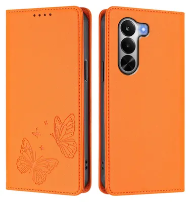 Image de Étui en cuir pour Realme P4x, étui de protection type portefeuille en cuir gaufré « papillon » avec support, couleur orange
