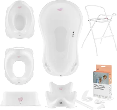 Obrázok produktu pre SADA: Detská vanička, protišmyková podložka, stojan, vypúšťacia hadica, nočník, detské záchodové sedadlo a stolička - Hug Me White
