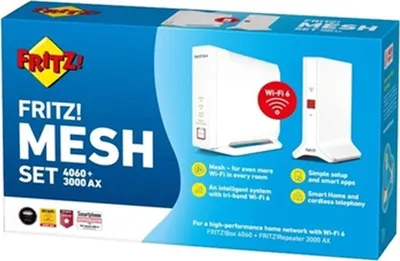 Produktbild von Mesh Set 4060 + 3000 AX International, Weiß, Intern, Desktop-/Pol-Router, Leistung, WLAN, Tri-Band (2,4 GHz / 5 GHz / 5 GHz), Wi-Fi 6 (802.11ax)