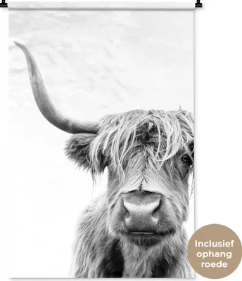 Produktbild von MuchoWow® Wandteppich Wandbehang Schottisches Hochlandrind - Tiere - Schwarz - Weiß 90x135 cm Tapisserie Dekoration Wandtuch - Baumwolle - Wandskulptur