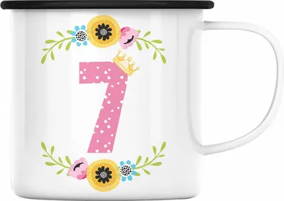 Produktbild von Trendation - 7. Geburtstag Mädchen Emaille Tasse Geschenk zum Siebten Geburtsagsparty Grafik Krone  7 Jahre Alt (Schwarz)