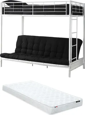 Produktbild von Zwischengeschossbett 90 x 190 cm - Mit Schlafsofa - Metall - Weiß + Futon + Matratze - MODULO V