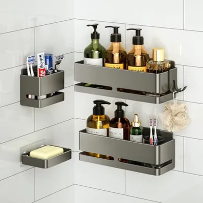 Produktbild von PromoHome® Duschregal ohne Bohren 5-teilig – grauer Badorganizer aus Aluminium – Duschablage, Zahnbürstenhalter, Seifenschale, Haken