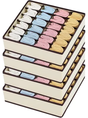 Immagine prodotto di Contenitori per calze e biancheria intima, 4 pezzi, 24 scomparti, pieghevoli, color beige, 33x33x9 cm
