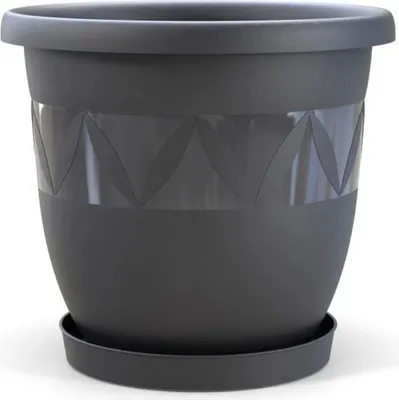 A dark gray planter pot with a decorative band and a matching saucer, isolated on a white background.