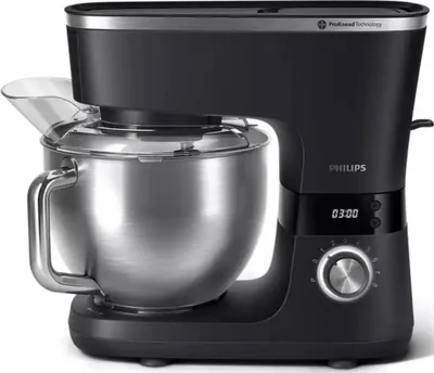 A black Philips stand mixer with a silver bowl is shown against a white background.