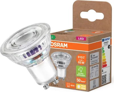 Obrázok produktu pre LED reflektorová žiarovka PAR16 OSRAM Energy Class s výkonom 3,3 W, 600 lm, teplá biela (2700 K) z číreho bezolovnatého skla s päticou GU10 v triede energetickej účinnosti A, priemer 50 mm, IP20.