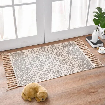 Katoenen vloerkleed met kwastjes, 60x90 cm, Blumen, geweven