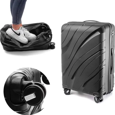 A collage of images showing a black suitcase and its features, including a person standing on it to demonstrate durability and a close-up of its wheels.