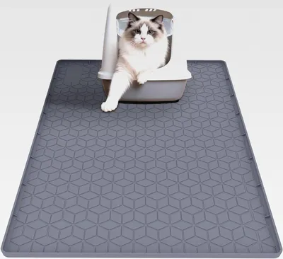 Produktbild von Katzenklo Matte 86x56cm Silikon Katzenstreu Matte Wasserdichte Katzenmatte Rutschfest Leicht Zu Reinigen Katzenklo Unterleger für Fressnapf & Katzentoilette, Mehrkatzenhaushalte Grau