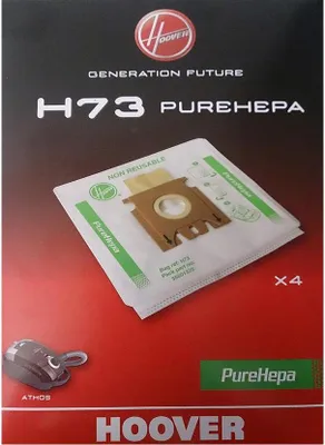 The image shows the packaging for Hoover H73 PureHEPA vacuum cleaner bags.