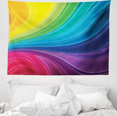 Produktbild von ABAKUHAUS Regenbogen Wandteppich, Abstrakte weiche Linien aus Weiches Mikrofaser Stoff Waschbar ohne Verblassen Digitaldruck, 150 x 110 cm, Mehrfarbig