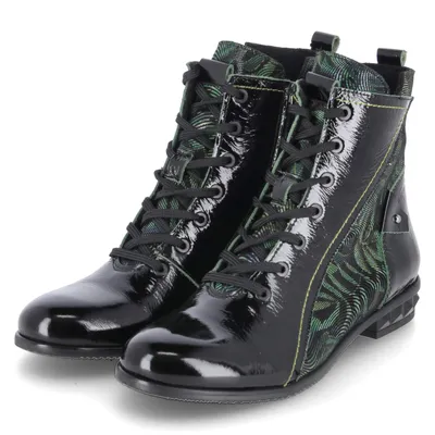 A pair of black patent leather lace-up boots with a green leaf-like pattern on the sides and top.