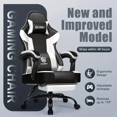 Produktbild von Ergonomischer Gaming-Stuhl mit hoher Rückenlehne, Lendenwirbelstütze und ausziehbarer Fußstütze