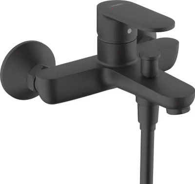 A black bathroom faucet with a shower hose attached, shown against a white background.
