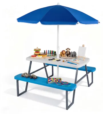 Produktbild von KOMFOTTEU Kindersitzgruppe mit höhenverstellbarem Sonnenschirm, Kinder Picknicktisch mit Bänken für 4 Personen, Kindersitzgarnitur aus HDPE, Kindermöbel für Garten, Terrasse & Kindergarten