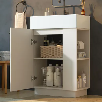 Image de Meuble sous-lavabo Merax avec vasque en céramique, meuble de salle de bain avec porte-rouleau de papier toilette, fermeture douce, espace de rangement, aspect rainuré, blanc