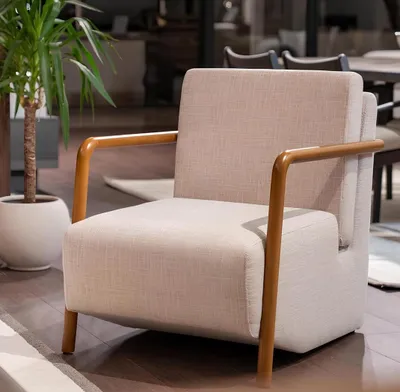 Zdjęcie produktu dla Designerski fotel z tkaniny w kolorze beżowym Stylowy fotel relaksacyjny Elegancki fotel