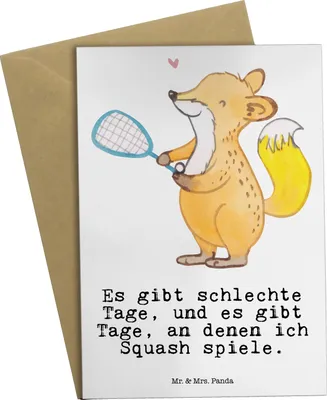 Produktbild von Mr. & Mrs. Panda Grußkarte Fuchs Squash spielen - Weiß - Geschenk, babykarte, einladungskarten, weihnachtskarten, Squashhalle, Ballsport, Grußkarten, glückwunschkarten
