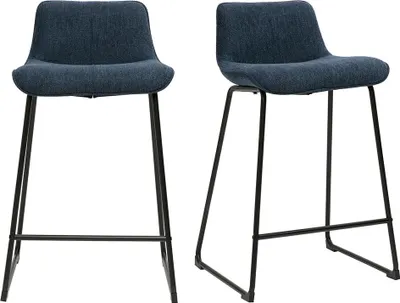 Produktbild von Miliboo - Barhocker aus dunkelblauem samtigem Stoff mit texturiertem Effekt und Metall H65 cm (2er-Set) BOOST