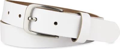 A white leather belt with a silver buckle is shown against a white background.