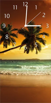 Produktbild von Wallario Design Wanduhr bedruckt, Größe 30 x 60 cm, Motiv: Palmen am Sandstrand bei untergehender Sonne