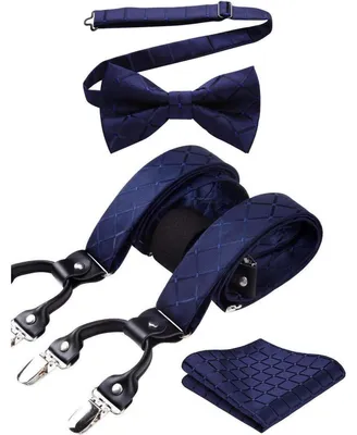 Produktbild von Hosenträger mit Fliege 3er Set Herren Marineblau Kariert Y-Form 3,5 cm 6 Clips Längenverstellbar