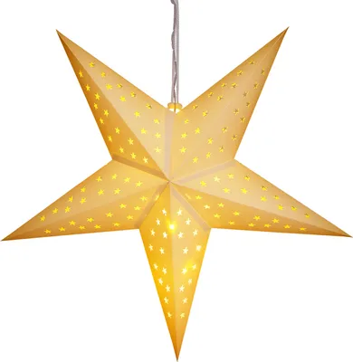 A lit, star-shaped paper lantern with small star cutouts, hanging from a cord.