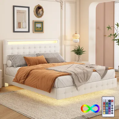 Zdjęcie produktu dla płaskie łóżko 140x200 cm z oświetleniem LED, pilotem, regulowanym zagłówkiem i powierzchnią zpoliuretan - nowoczesny, biały design z efektem unoszenia się w powietrzu