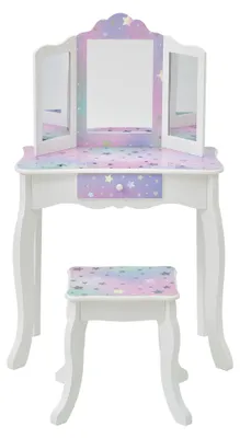Produktbild von Fantasy Fields Gisele Starry Sky Kinder-Schminktisch mit Dreifachspiegel, Schublade und Hocker in Weiß/Lavendel