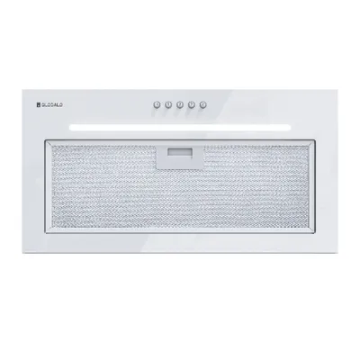 A white kitchen range hood is shown against a white background.