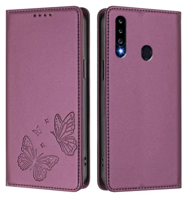 Obrázek produktu pro Kožené pouzdro pro Samsung Galaxy A20S, motýlí ražbou, peněženkové flip pouzdro se stojánkem Fialová