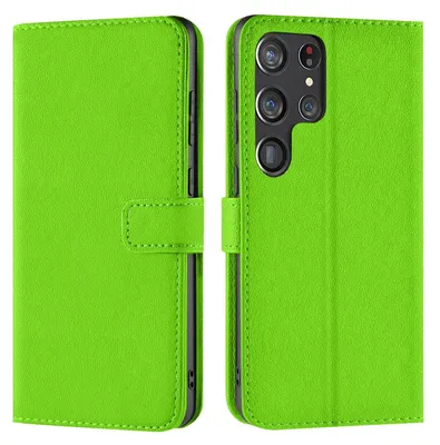A bright green flip case for a smartphone, shown from the front and back.