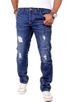 Produktbild von Reslad Jeans Herren Destroyed Look Slim Fit Denim Stretch Jeans-Hose RS-2062 Blau W34 / L34