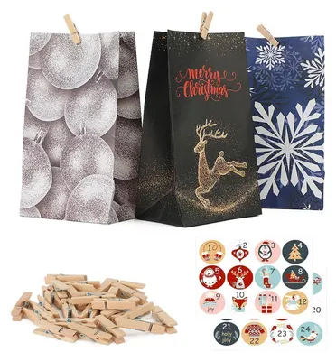 Produktbild von Adventskalender zum Befüllen 2025, 24 DIY Papiertüten mit Aufklebern und Holzklemmen