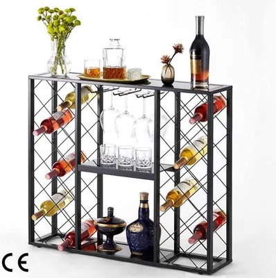 Zdjęcie produktu dla Czarny regał na wino z półką na kieliszki i blatem