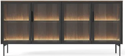 Obrázek produktu pro Prosklená široká komoda s dvířky SULIGENT - dub dunin / černá + LED osvětlení