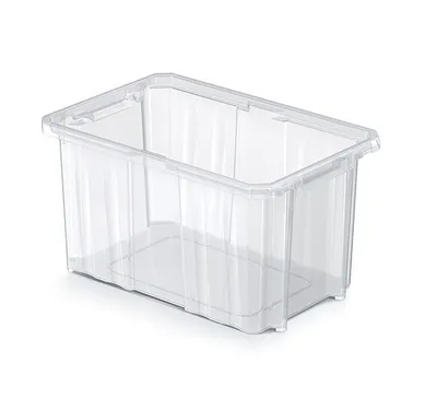 A clear, studio shot of a transparent plastic storage box.