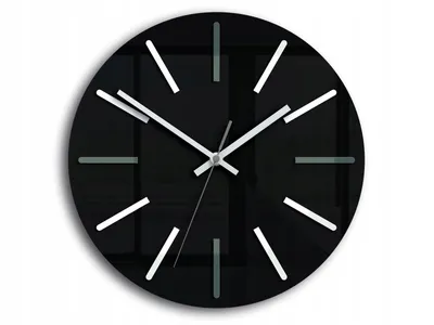A modern black wall clock with white hour and minute hands, and gray hour markers.