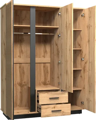 An open wardrobe with wooden doors and shelves.