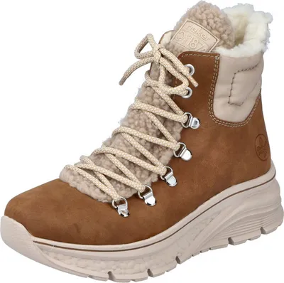 A single brown Rieker women's lace-up boot with a platform sole and warm lining, shown from a diagonal angle against a white background.