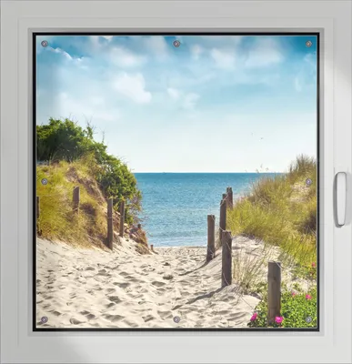Produktbild von Wallario Lichtschutzbild, Dekorativer Sichtschutz Sonnenschutz 96 x 100 cm mit Motiv: Auf dem Sandweg zum Strand - Verdunklung ohne Bohren