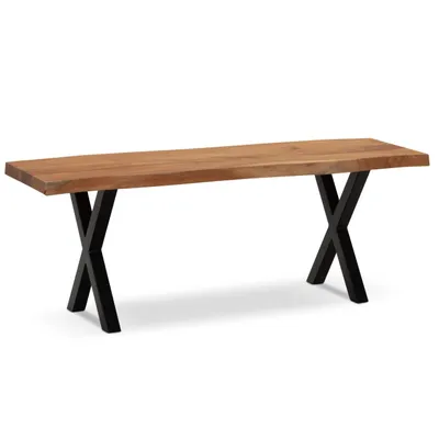 Produktbild von Garderobenbank 120x40x45,5 cm Akazie Massivholz / Metall mit Baumkante, Sitzbank Flur Holzbank Massiv ohne Lehne, Flurbank Modern Eingangsbereich Klein X-Beine Schwarz