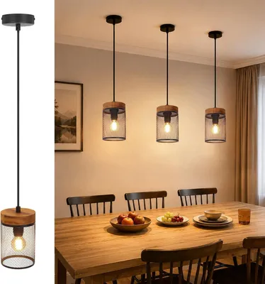 Obrázok produktu pre ZMH Zavesené svietidlo nad jedálenský stôl, čierne drevo, závesná lampa E14, zavesené svietidlo nad jedálenský stôl, 1-žiarovkové s mriežkou, závesný tienidlo do jedálne a kuchyne