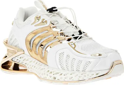A single white and gold Philipp Plein sneaker is shown against a white background.