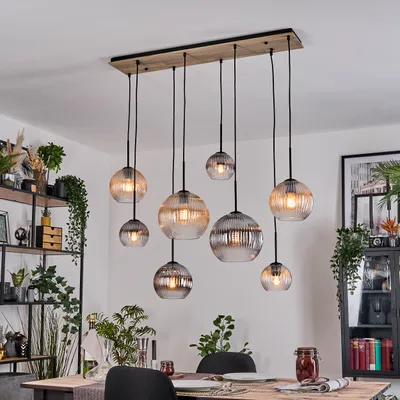 Produktbild von Cesaro Hängelampe Metall/Holz/Riffelglas, Schwarz/Natur/Rauch/Bernstein/Klar